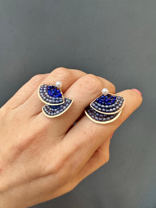 SpoiledBrat Jewelry扇形系列 | 青金石蓝锆石前后立体百搭耳钉 商品图3