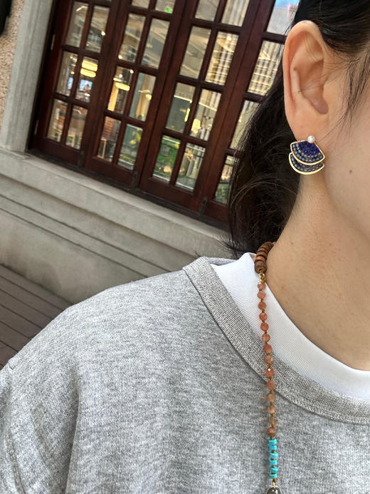 SpoiledBrat Jewelry扇形系列 | 青金石蓝锆石前后立体百搭耳钉 商品图2