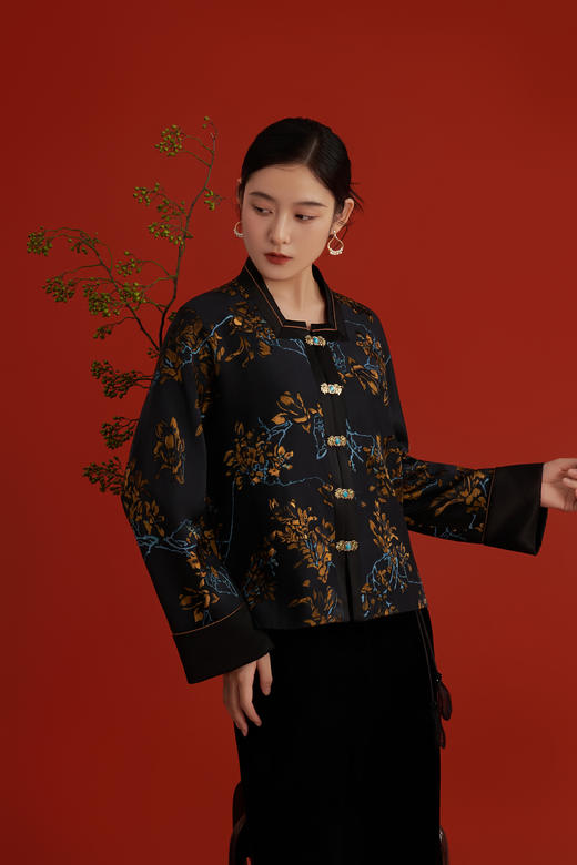 荷言HEYEN 大运金兰 桑蚕丝提花外套竹叶圆石金属扣 商品图2