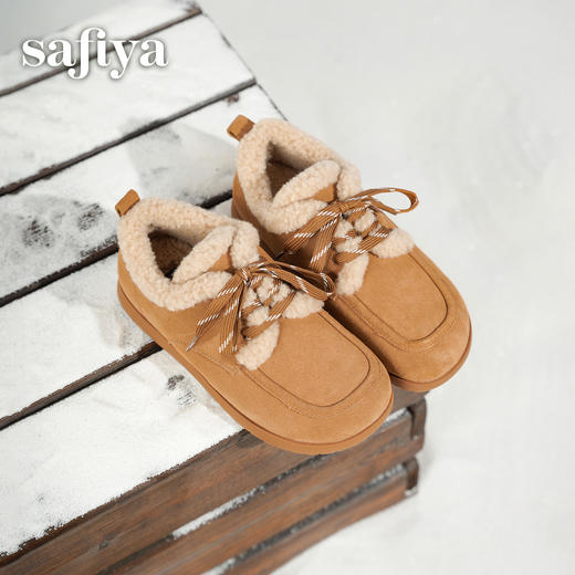 预售|Safiya/索菲娅2025复古百搭外穿平底休闲系带深口加绒保暖毛毛鞋 SFD4112285 商品图4