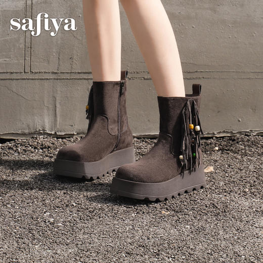 预售|Safiya/索菲娅流苏民族风坡跟厚底侧拉链百搭复古西部短靴2025SFD4116408 商品图7