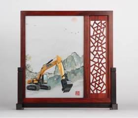 湘绣-挖机山水摆件