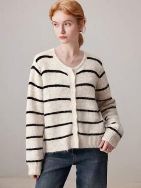 【韩系毛衣】2025 长毛高级感条纹短款宽松针织毛衣-喜出