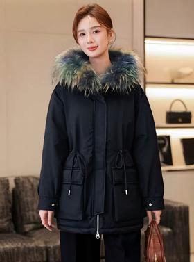 女王节抢购价-不支持退 真毛领 不支持退【羽绒服】含绒量90%。派克羽绒收腰品质高密面料可抽绳中款羽绒服-喜出