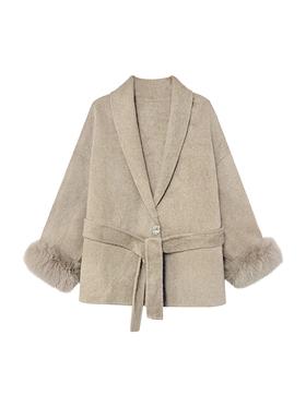 燕麦色狐狸皮草青果领双面呢羊毛外套