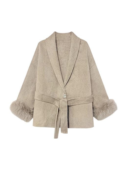 燕麦色狐狸皮草青果领双面呢羊毛外套 商品图0