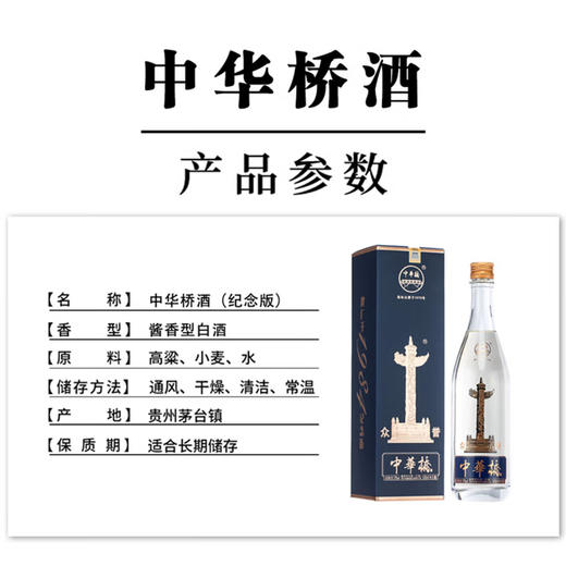 一价到底【中華橋酒（纪念版1箱）53 度酱香型白酒】 酒花持久挂杯明显 纯粮固态酿造 500ml*6瓶/箱 商品图6