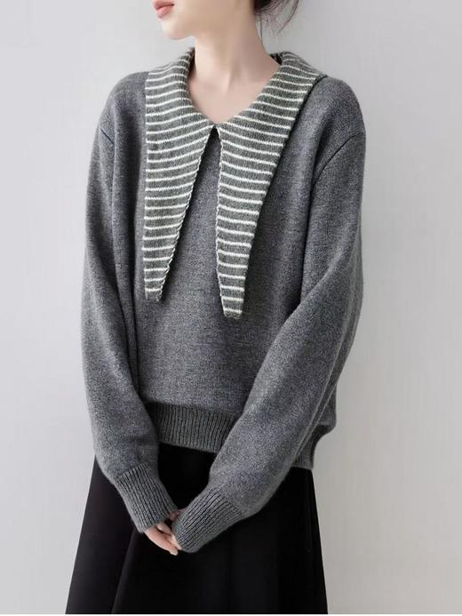 【韩系毛衣】2025 条纹兔耳朵领短款宽松针织毛衣-喜出 商品图0