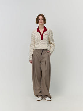 领口撞色POLO领条纹T恤