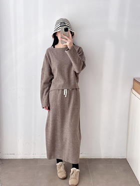 新品秋冬抽绳羊毛直筒中长款半裙套装