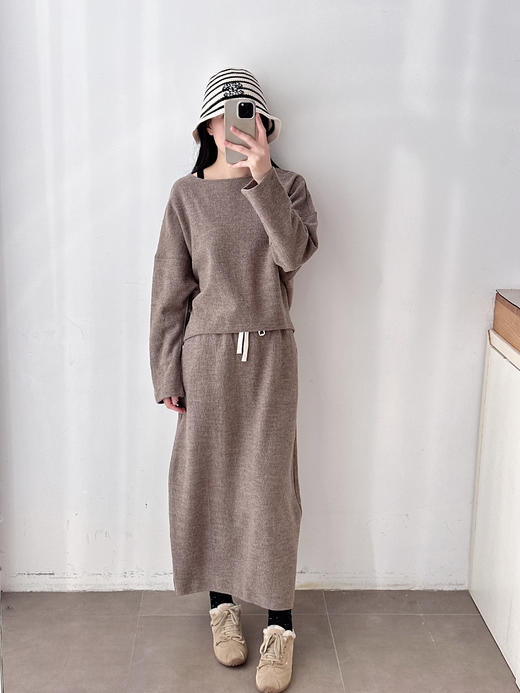 新品秋冬抽绳羊毛直筒中长款半裙套装 商品图0