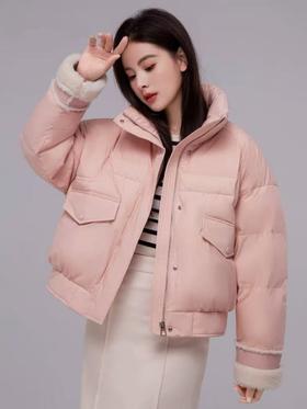 吊牌1719元【卡汶品牌】绒子含量90% 9042密实面料立领拼皮毛袖口短款羽绒服-喜出
