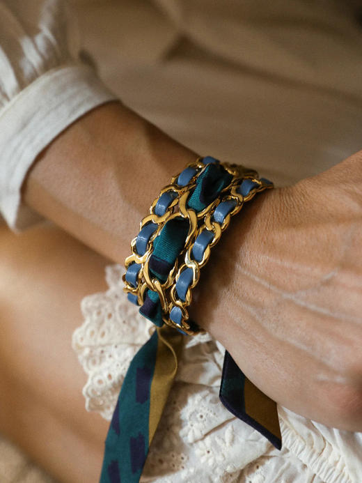北京仓｜AN-NEE-C3G-DECEMBRE-BLEU-棕绿色 夏帕诺瓦 2cm 丝巾手镯［法国设计师］ 商品图0