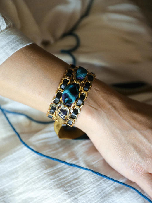 北京仓｜AN-NEE-C3G-DECEMBRE-棕绿色 夏帕诺瓦 黑色 2cm 丝巾手镯［法国设计师］ 商品图0