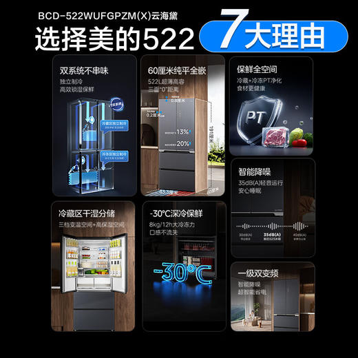 【美的】冰箱_法式四门522升60cm薄纯平全嵌微晶一周净味除菌智能家用冰箱 钻影灰_BCD-522WUFGPZM(X)【佛山】 商品图1