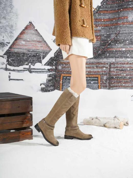 西村名物2025年冬季新款厚底低跟防滑绒面包腿显瘦及膝靴中高靴X25DQ49991 商品图2