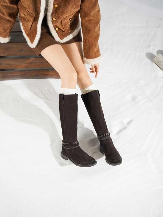 西村名物2025年冬季新款厚底低跟防滑绒面包腿显瘦及膝靴中高靴X25DQ49991 商品图6