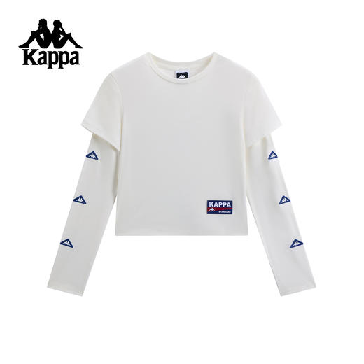 Kappa 长袖t恤2026新款女白色圆领假两件撞色运动上衣潮KPDLATC31 商品图0