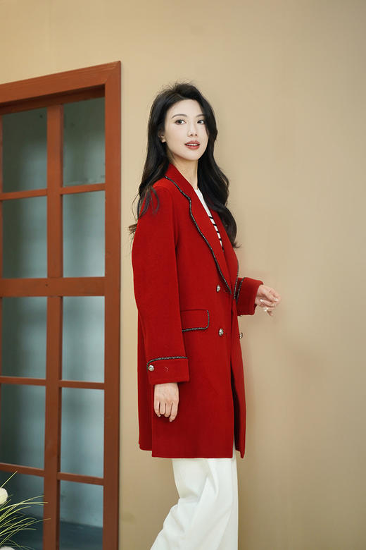 【鸿运大衣】臣禾 亮丝包边西装领大衣外套9233080281 商品图12