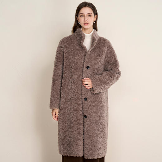 EITIE爱特爱气质立领咖色长款颗粒绒羊剪毛大衣外套冬季新款皮衣D2593925 商品图2