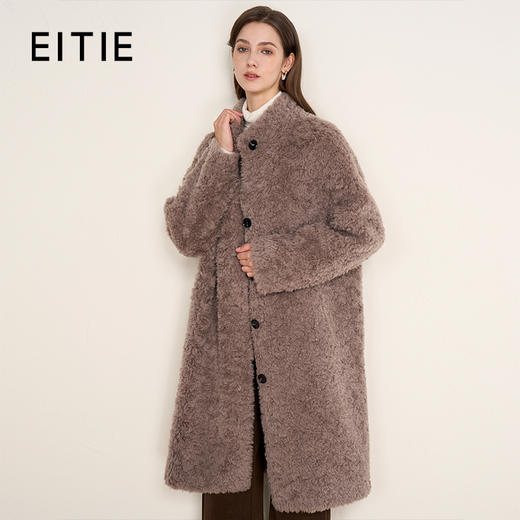 EITIE爱特爱气质立领咖色长款颗粒绒羊剪毛大衣外套冬季新款皮衣D2593925 商品图0