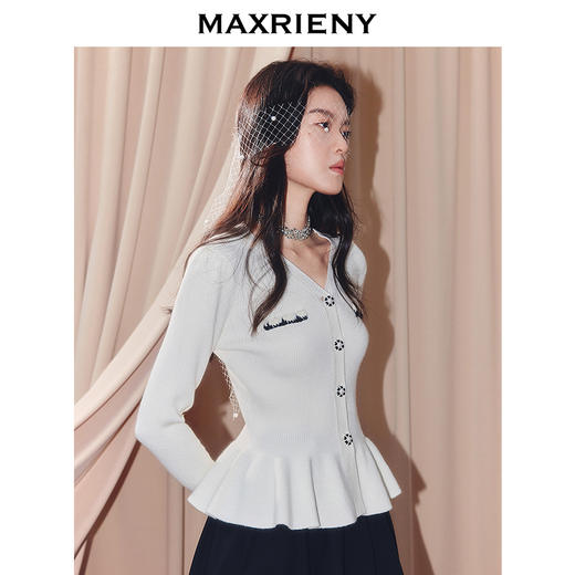 MAXRIENY法式复古v领针织外套25秋收腰修身长袖上衣名媛早秋穿搭(货号:MF86JA515) 商品图2