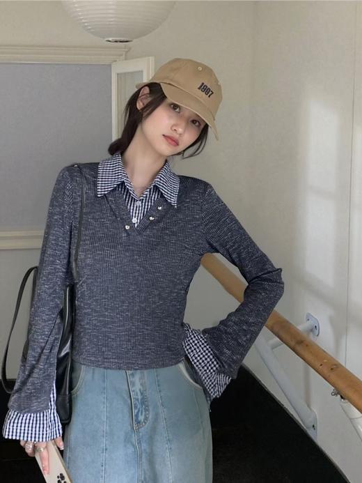 【清仓价】不参与退换 -8803假两件拼格子短款小衫-喜出 商品图1