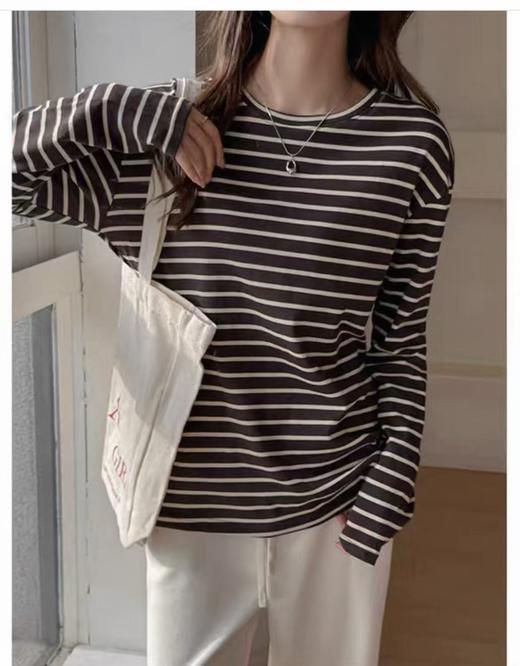 【超值特卖】宽松版型咖啡条纹长袖T恤-喜出 商品图2