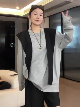 【清仓价】不参与退换 -中长连帽假两件连帽披肩款长袖小衫-喜出