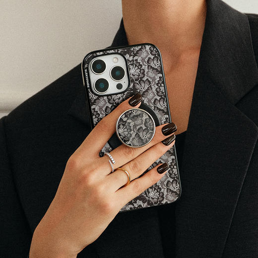 【蕾丝花序】暗夜蕾丝花 POPGRIP泡泡骚手机粘贴式气囊支架 Enamel金属珐琅系列 黑色 商品图1