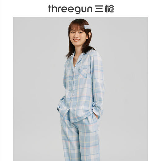 Threegun三枪 【纯棉】彩格翻领开襟长袖长裤女士家居套家居服-81838D111 商品图1