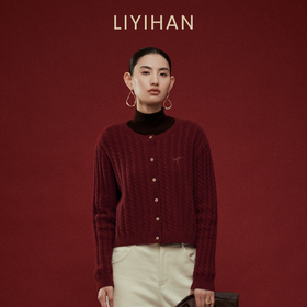 LIYIHAN岁暖红 2025冬季新款绵羊毛刺绣开衫毛衣红色女短款针织衫