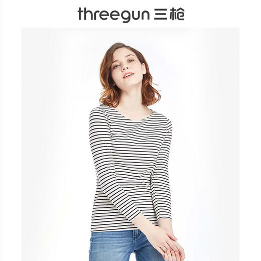 Threegun三枪 【丝柔弹力棉】条纹一字领女士长袖上衣打底衫-23192A011 商品图1