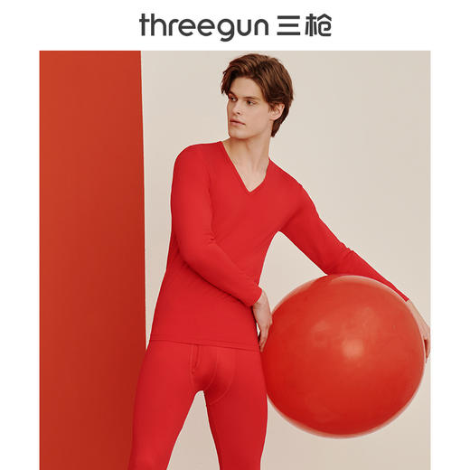 Threegun三枪 【莫代尔密棉】V领大红男士本命年吉庆保暖内衣套装-23309D921 商品图1