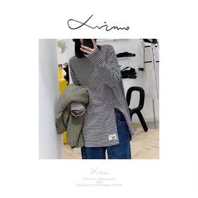 【超值特卖】条纹中长侧开叉超软糯长袖T恤-喜出