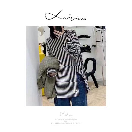 【超值特卖】条纹中长侧开叉超软糯长袖T恤-喜出 商品图0