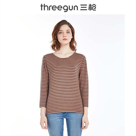Threegun三枪 【丝柔弹力棉】条纹一字领女士长袖上衣打底衫-23192A011 商品图3
