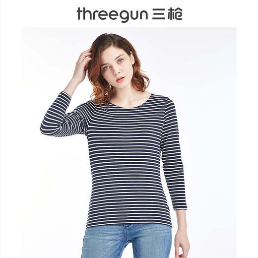 Threegun三枪 【丝柔弹力棉】条纹一字领女士长袖上衣打底衫-23192A011 商品图2