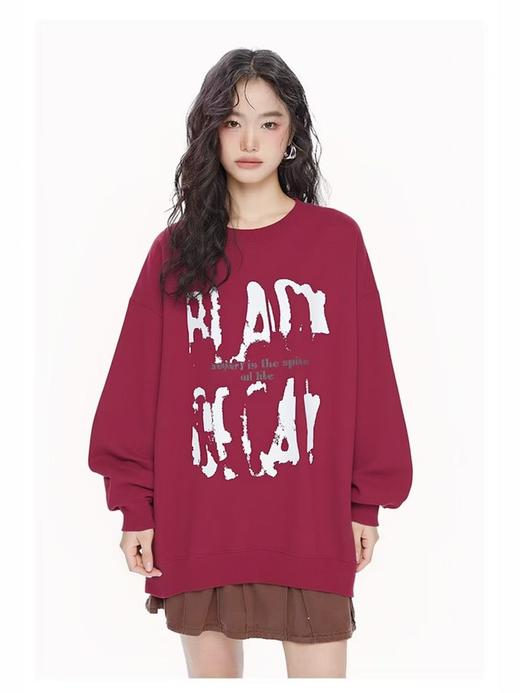 🔥🔥【潮牌卫衣】圆领牛奶绒～枣红字母宽松加绒卫衣-喜出 商品图1