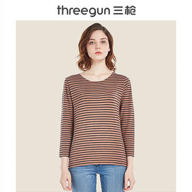 Threegun三枪 【丝柔弹力棉】条纹一字领女士长袖上衣打底衫-23192A011