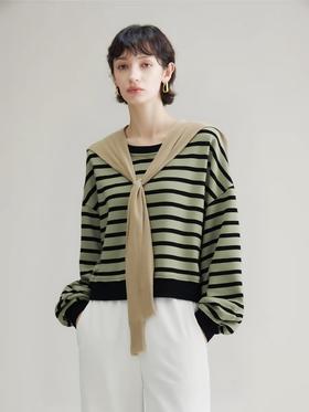 【卫衣系列】赠送披肩～条纹宽松短款卫衣-喜出