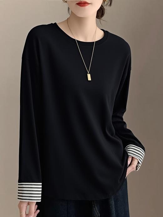 【超值特卖】8818拼条纹袖桃皮绒感长袖T恤打底衫-喜出 商品图1