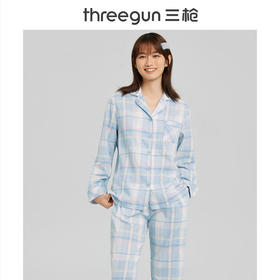 Threegun三枪 【纯棉】彩格翻领开襟长袖长裤女士家居套家居服-81838D111