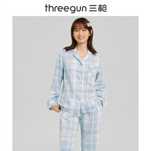 Threegun三枪 【纯棉】彩格翻领开襟长袖长裤女士家居套家居服-81838D111 商品图0