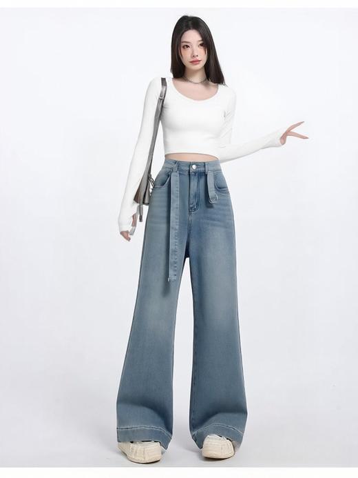 12.12错过没有！清货不退🔥🔥【2025爆款牛仔】加绒厚款～88797复合一体浅色腰带款阔腿裤直筒裤-喜出 商品图1