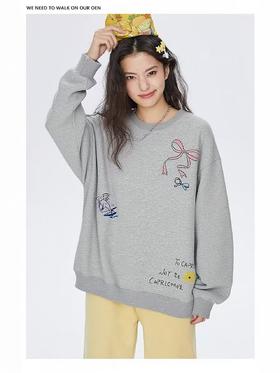 🔥🔥【潮牌卫衣】圆领牛奶绒～情侣款蝴蝶结印花加绒卫衣-喜出