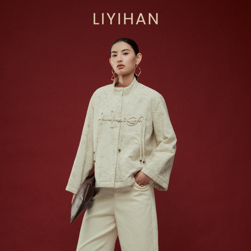 LIYIHAN写意集 2025冬新款新中式棉质提花盘扣外套白色女夹棉夹克