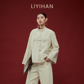 LIYIHAN写意集 2025冬新款新中式棉质提花盘扣外套白色女夹棉夹克