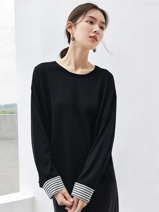 【超值特卖】8818拼条纹袖桃皮绒感长袖T恤打底衫-喜出 商品图0