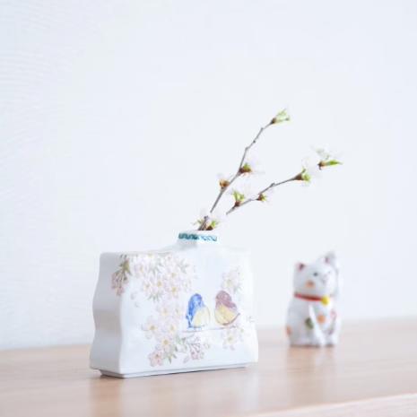 日本进口九谷烧樱花雀鸟吉祥锦鲤方形小花器插花瓶桌面摆件装饰品九谷烧花福雀花瓶12cm 商品图2